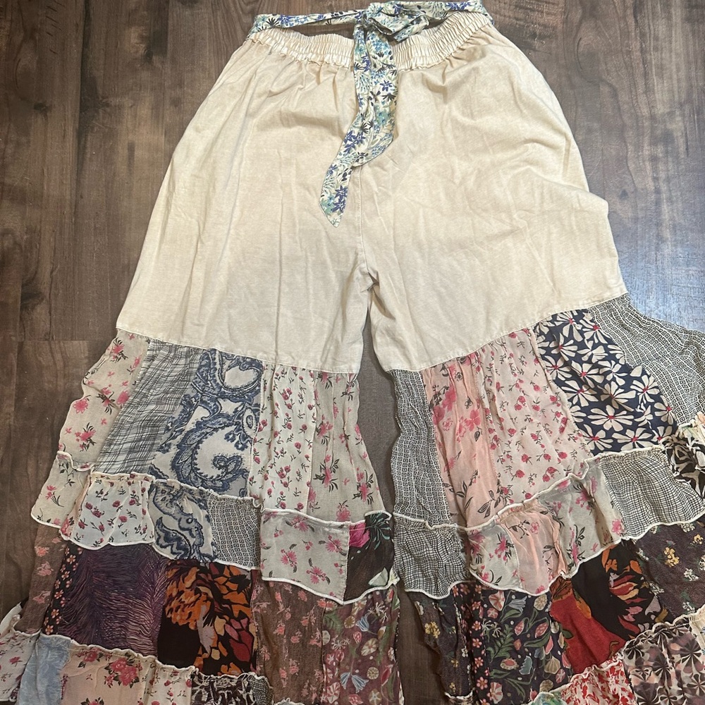 Young Threads Patchwork Tiered Wide-Leg Pants - Beige - Picture 2 of 5